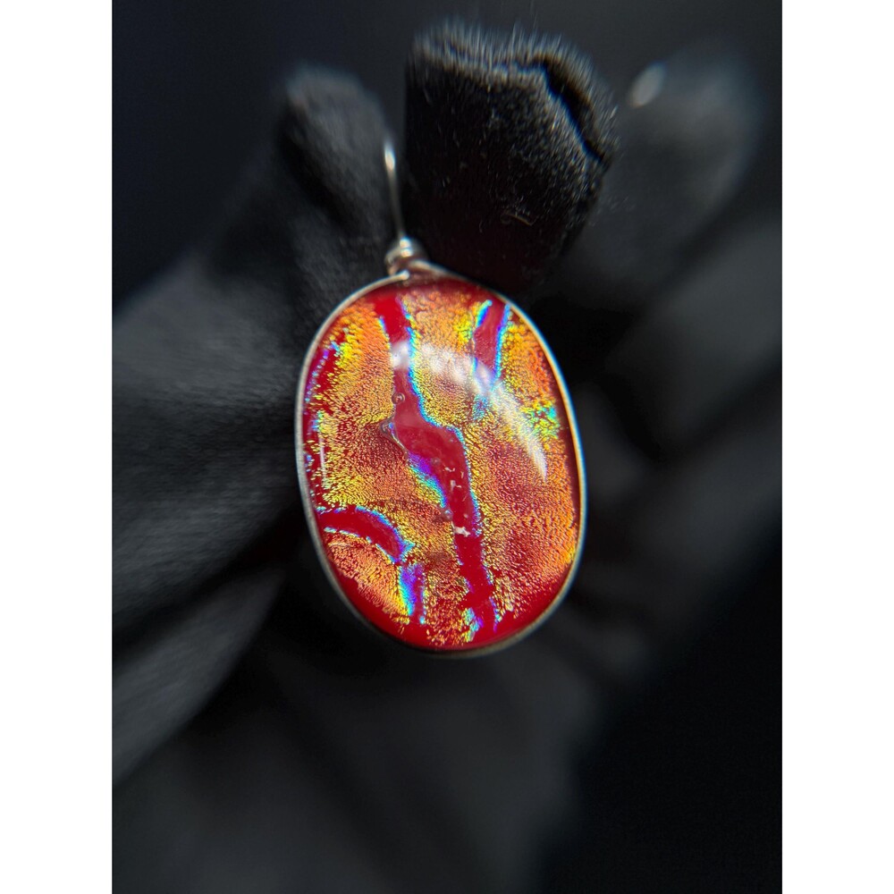 Sterling Silver Art Glass Pendant Red Gold Dichroic Style Oval Statement